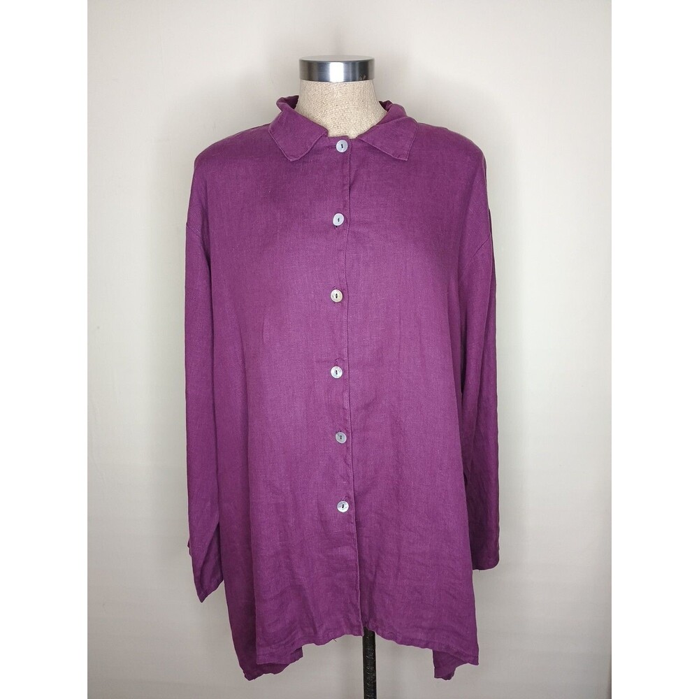 Bryn Walker Top One Size Grape Button Front Hi Low Linen Oversize Lagenlook